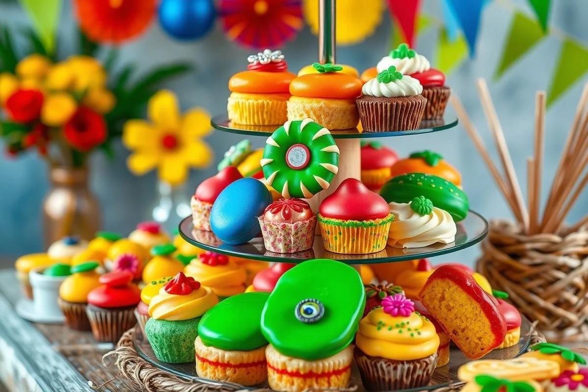 Variedade de bolos e doces brasileiros em uma mesa.