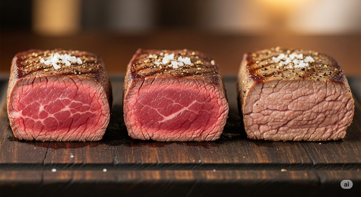 Três cortes de carne em diferentes pontos de cozimento: malpassado, ao ponto para mal e bem passado, mostrando as diferenças de cor interna.