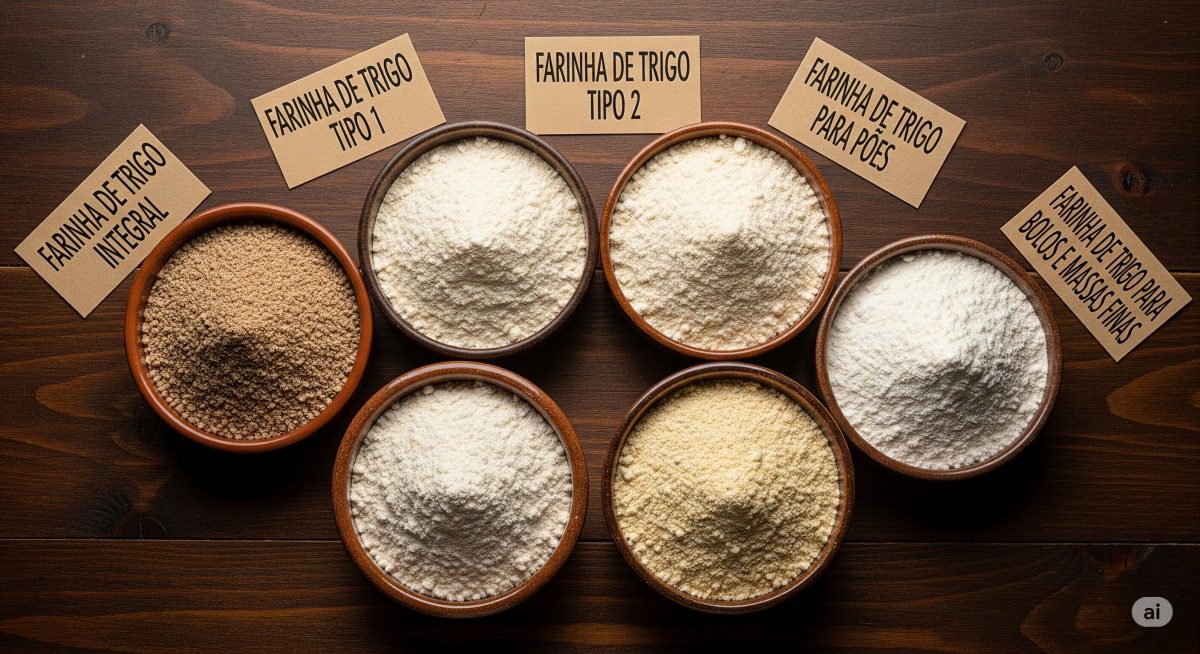 Visão de cima de diferentes tipos de farinha de trigo em tigelas, mostrando as variações de textura e cor.
