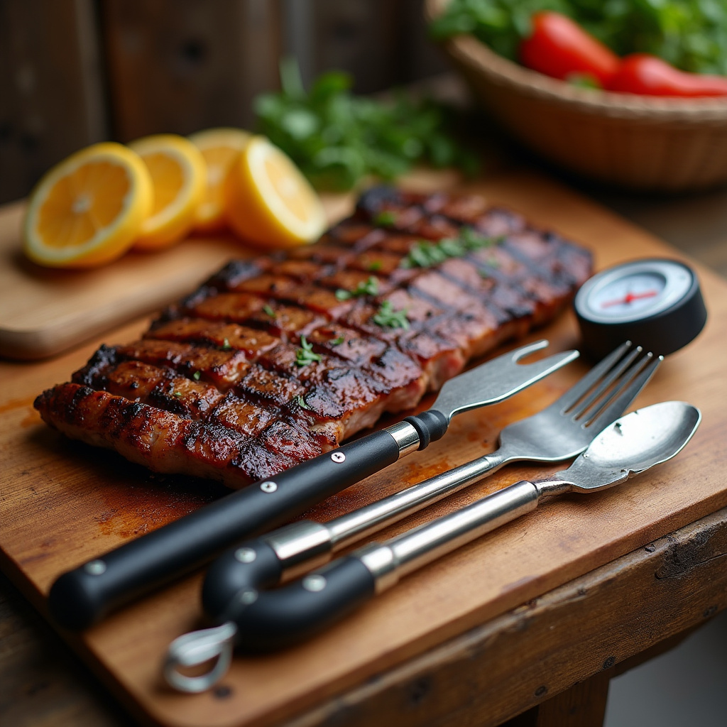 Barbecue accessories on a wooden table, tongs, meat thermometer, cutting board, Brazilian style, Acessórios para churrasco sem fumaça em apartamento.