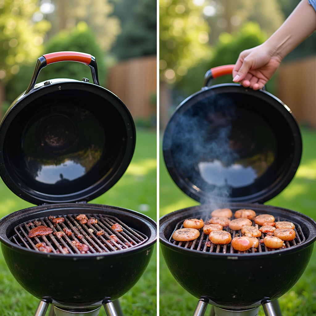 BBQ grill half cleaned with onion, before and after, backyard, sunny day, natural lighting, Grelha de churrasco: antes e depois da limpeza com cebola.