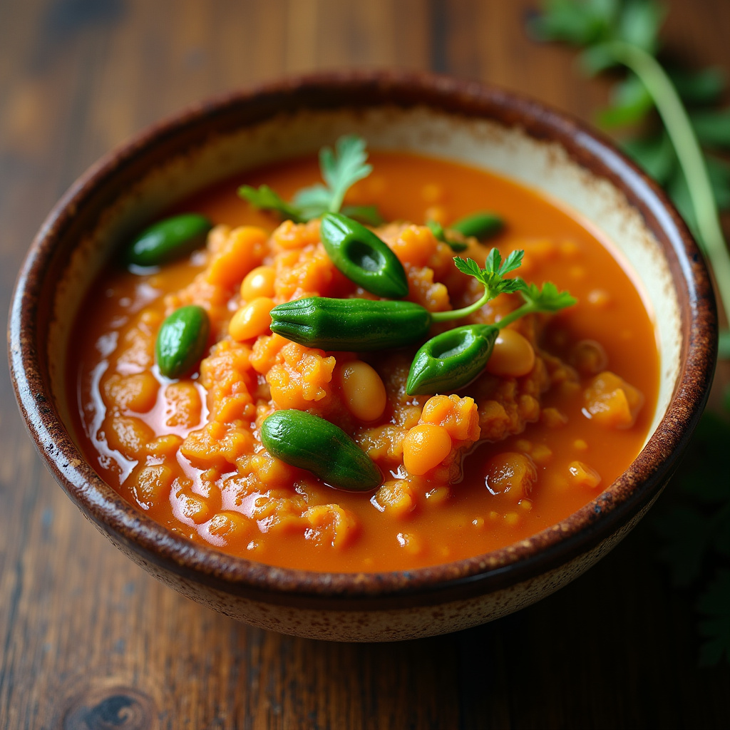 Bean puree with okra, traditional Brazilian dish, rustic bowl, vibrant colors, natural light, Tutu de feijão com quiabo, combinação perfeita de sabores.