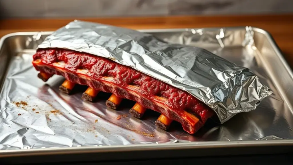Beef ribs wrapped in aluminum foil on a baking sheet, ready for the oven, professional food Costela embrulhada em papel alumínio pronta para assar no forno.