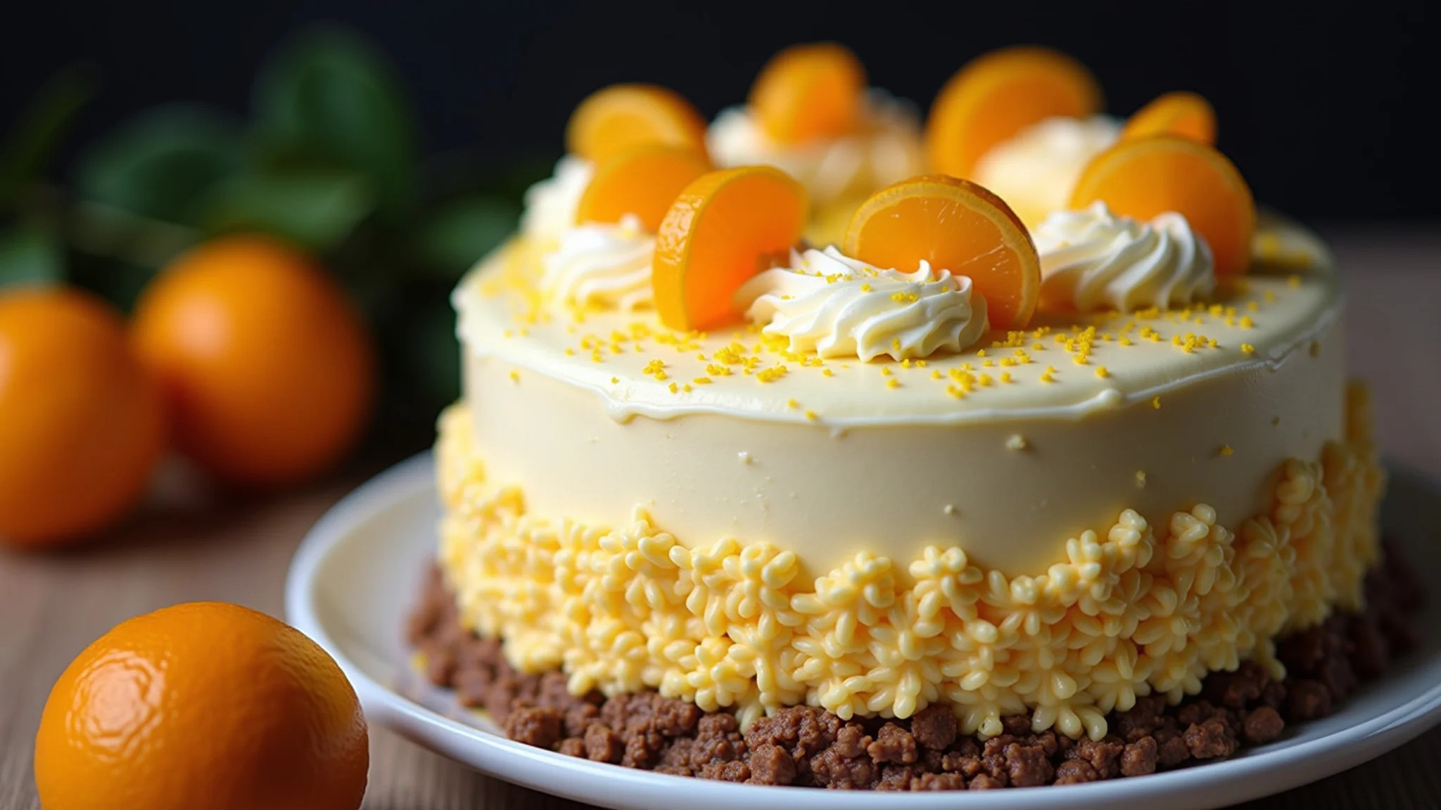 Delicioso bolo decorado com creme de laranja, textura cremosa e irresistível.