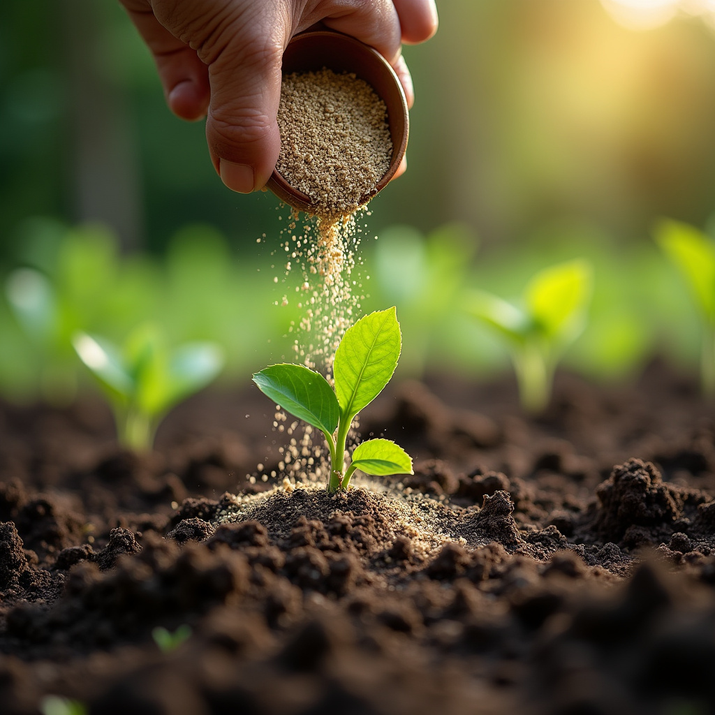 Bone meal being mixed into soil before planting seedlings, natural light, 8K quality, sharp focus, Farinha de osso sendo misturada ao solo para fortalecer raízes.
