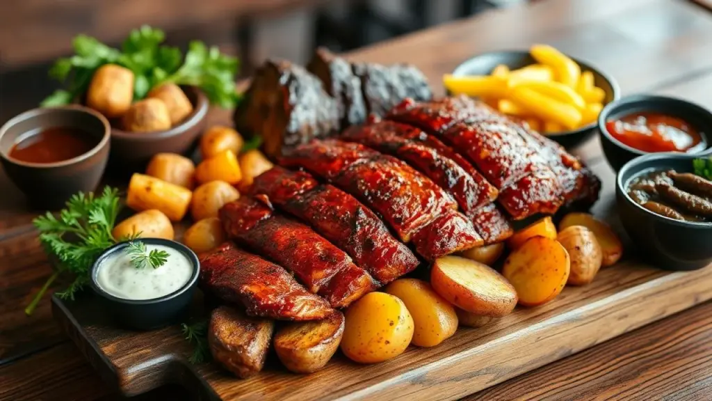 Brazilian barbecue with beef ribs, roasted potatoes, farofa, and vinagrete on a wooden table, Churrasco brasileiro completo com costela, batatas, farofa e vinagrete.
