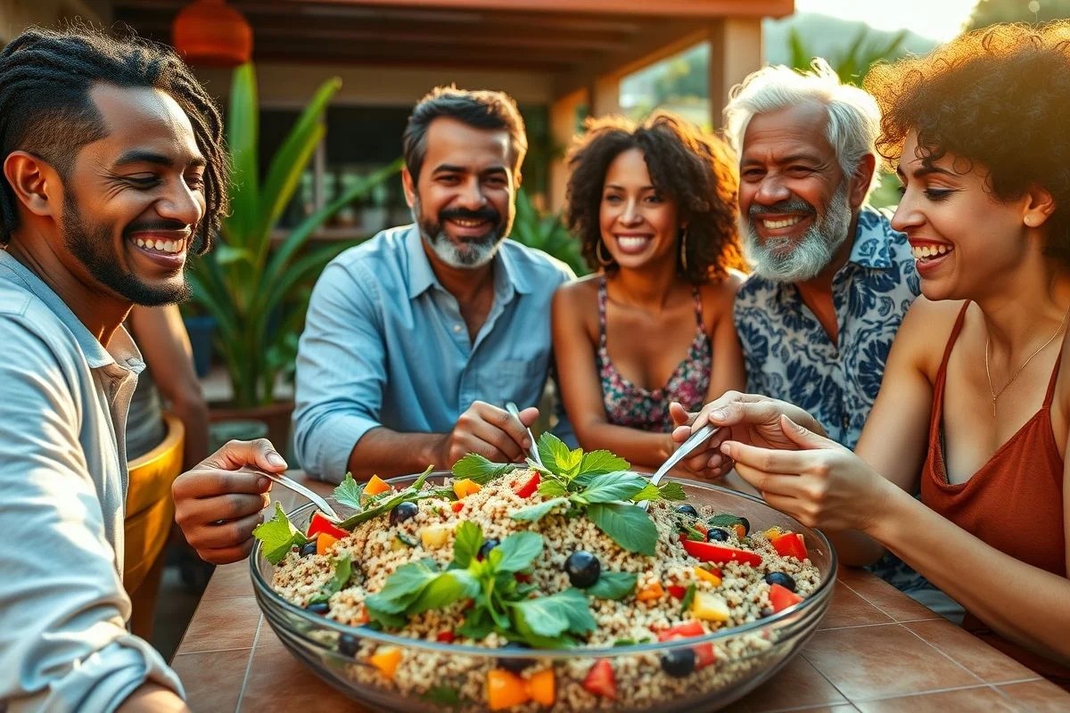 Família brasileira diversa saboreando salada de quinoa ao ar livre.