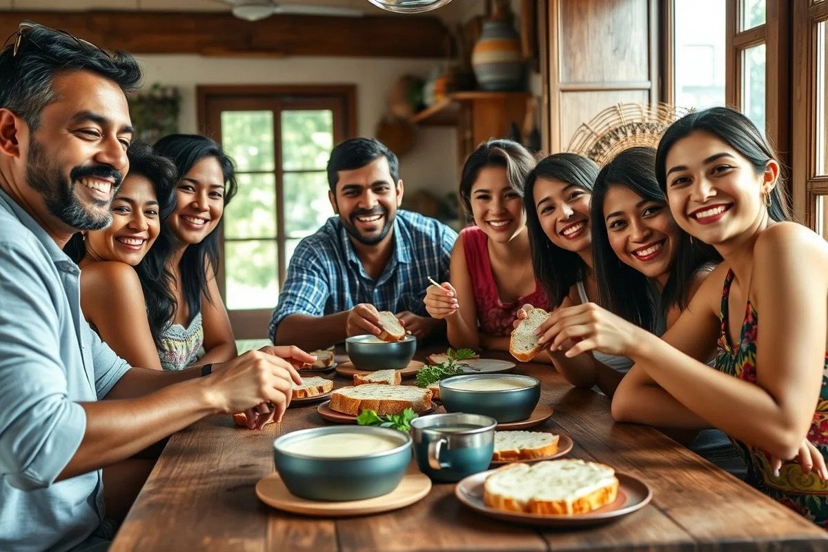 Família brasileira saboreando requeijão caseiro no café da manhã.