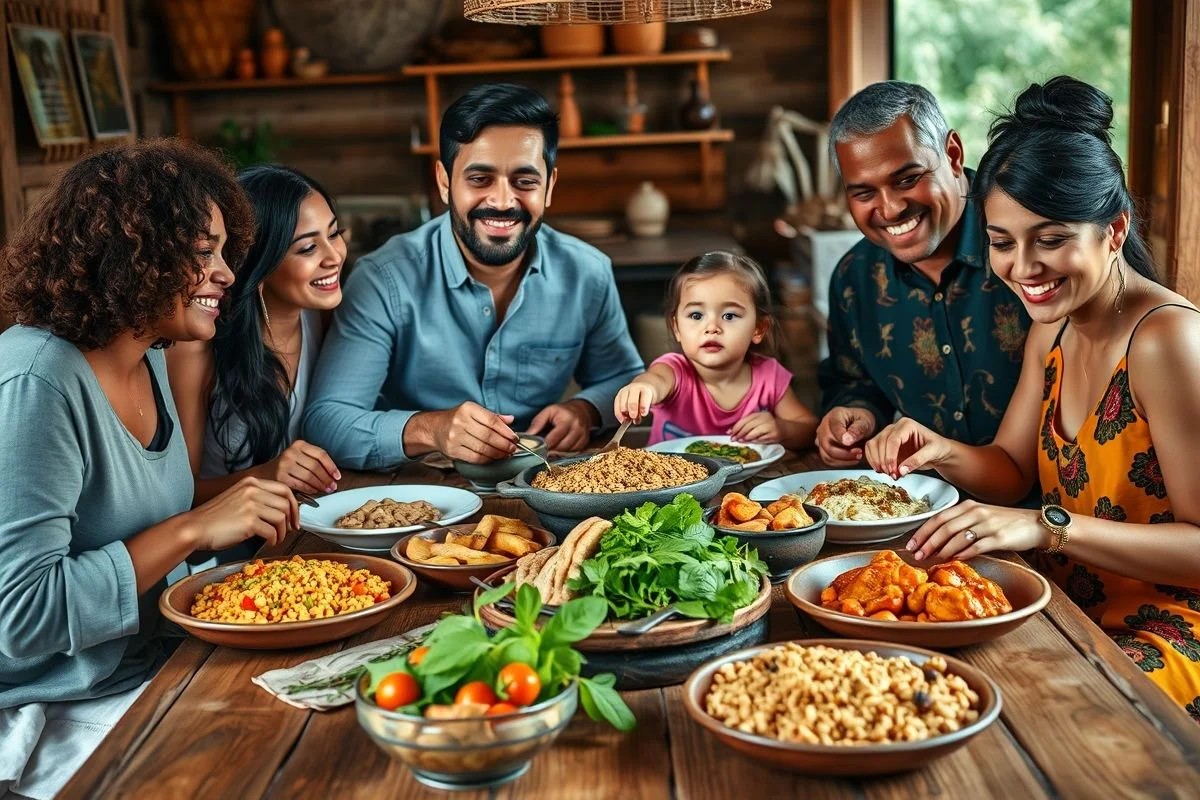 Família brasileira desfrutando refeição com grãos integrais.