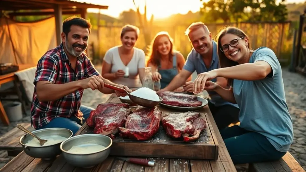 Brazilian family preparing beef ribs with salt on a rustic wooden table outdoors, lifestyle Família brasileira temperando costela com sal grosso para churrasco.