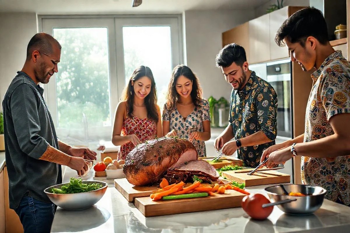 Família brasileira preparando lombo de porco assado.