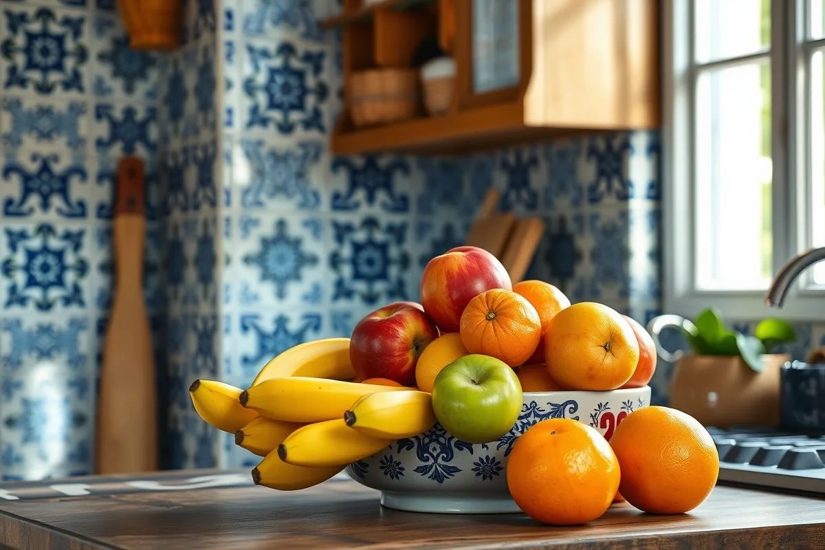 Fruteira brasileira com bananas, maçãs e laranjas em cozinha com azulejos.