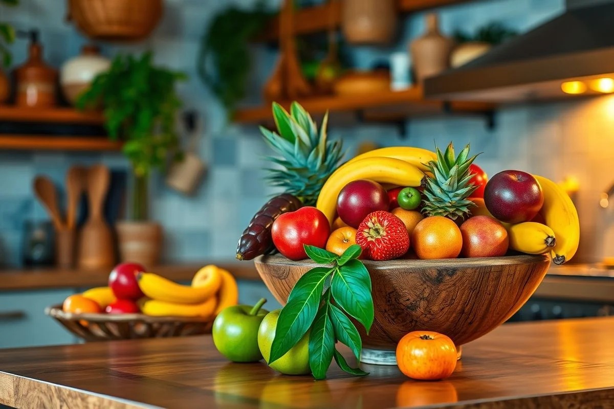 Fruteira com bananas e outras frutas na cozinha brasileira.