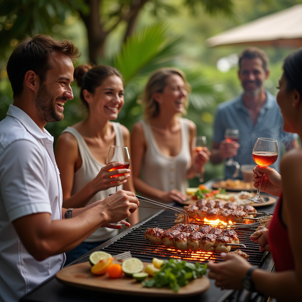 Brazilian style gourmet area, gas grill barbecue, friends gathering, laughter, professional Churrasqueira a gás em área gourmet sofisticada.