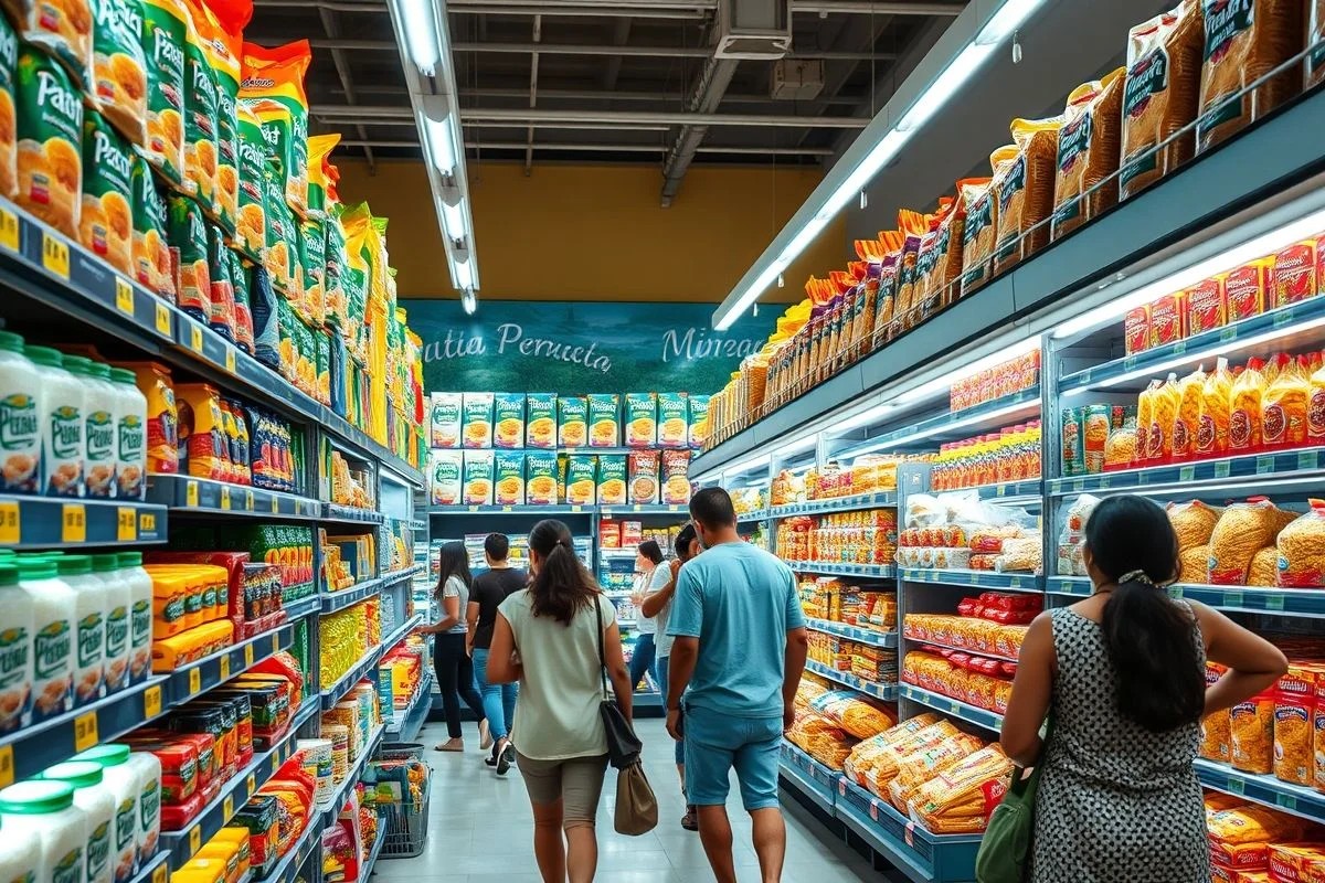 Prateleira de supermercado no Brasil com produtos integrais.