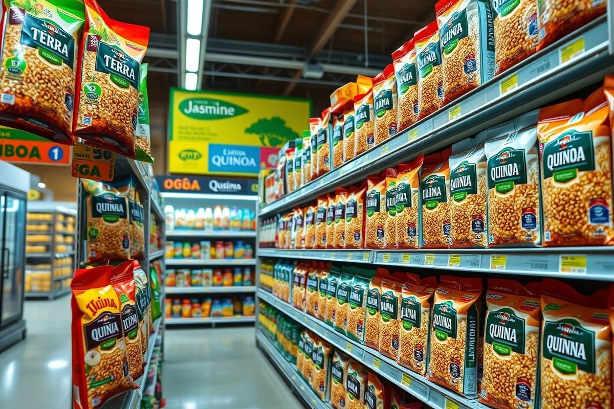 Prateleira de supermercado com embalagens de quinoa de diversas marcas.