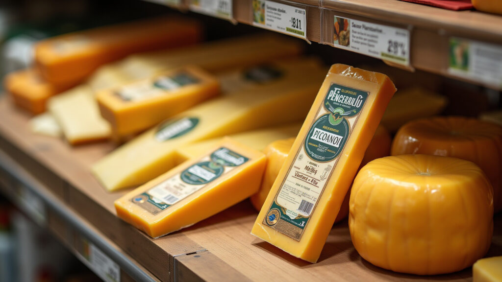 Brazilian supermarket shelf with various Pecorino cheeses, professional photography, 8K quality, Prateleira de supermercado com queijos Pecorino.