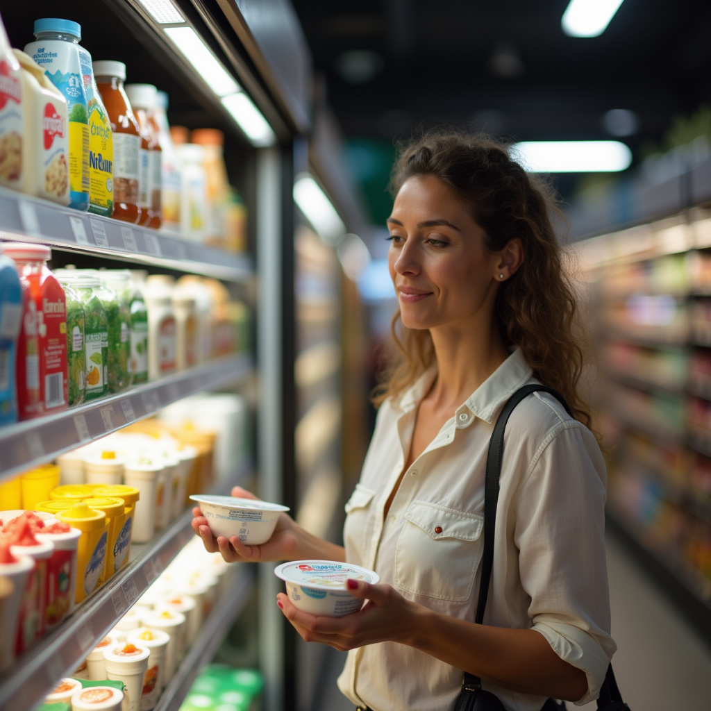 Brazilian woman choosing between full-fat and non-fat yogurt in a supermarket. Lifestyle Mulher escolhendo iogurte desnatado no supermercado.