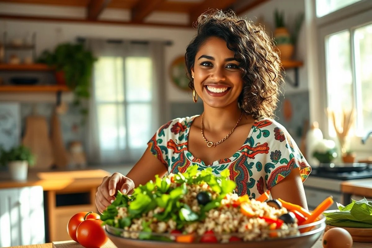 Mulher brasileira preparando salada nutritiva com quinoa.