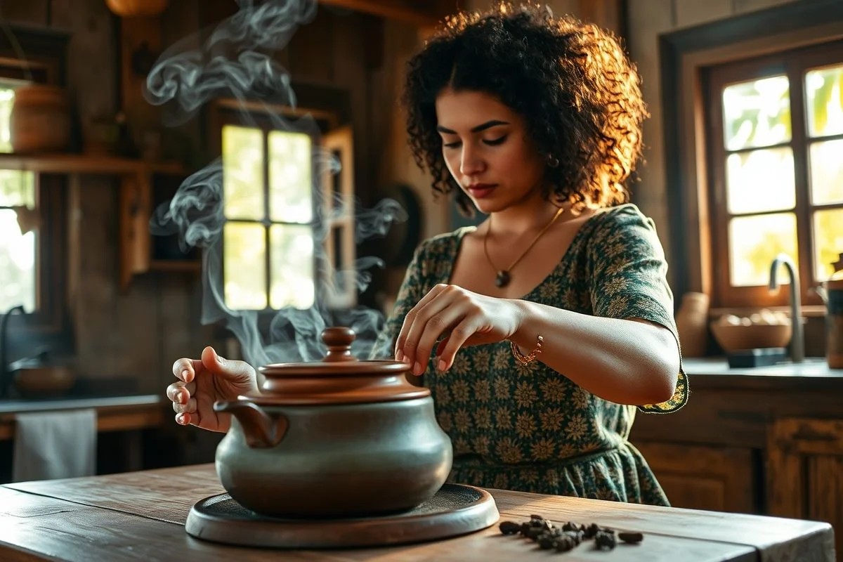 Mulher brasileira preparando chá de louro e cravo na cozinha