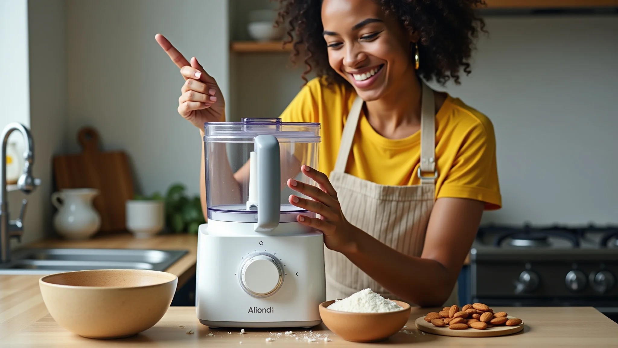 Mulher brasileira sorridente preparando farinha de amêndoas em casa.