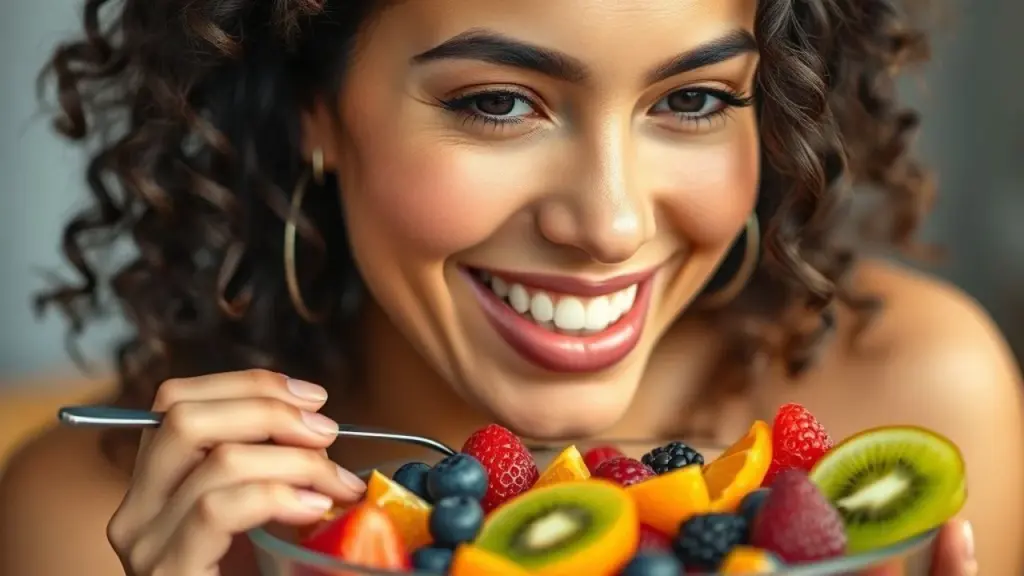 Brazilian woman with radiant skin and healthy hair smiling while eating a bowl of colorful fruits Mulher brasileira radiante comendo frutas, representando os benefícios para pele e cabelo.