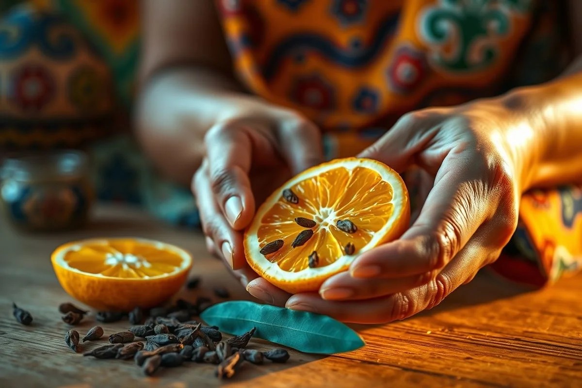 Mulher preparando repelente natural de cravo e laranja, Brasil