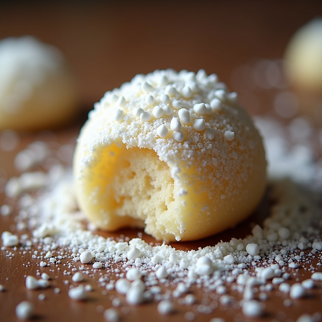 Brigadeiro branco with milk powder decorated with white sprinkles, professional photography, 8K Brigadeiro branco com leite em pó.