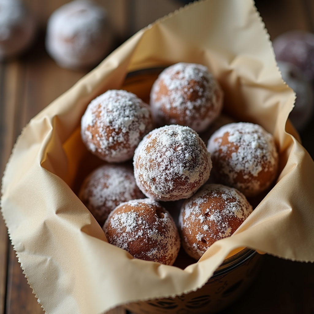 Brigadeiros with milk powder stored in a container with parchment paper, professional photography, Armazenamento de brigadeiro com leite em pó.