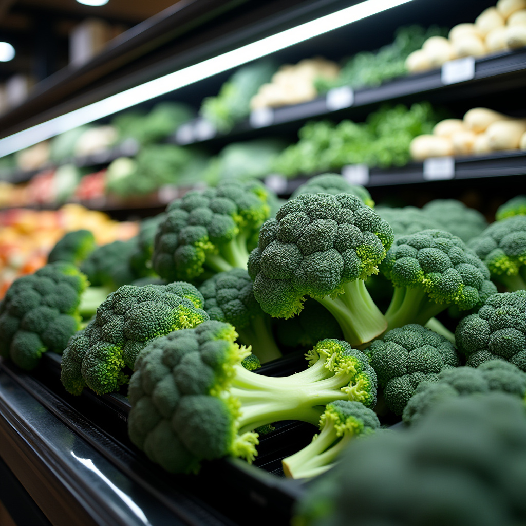 Broccoli refrigerated in a supermarket, proper packaging. Professional photography, 8K quality, Brócolis refrigerado no supermercado, embalagem adequada.