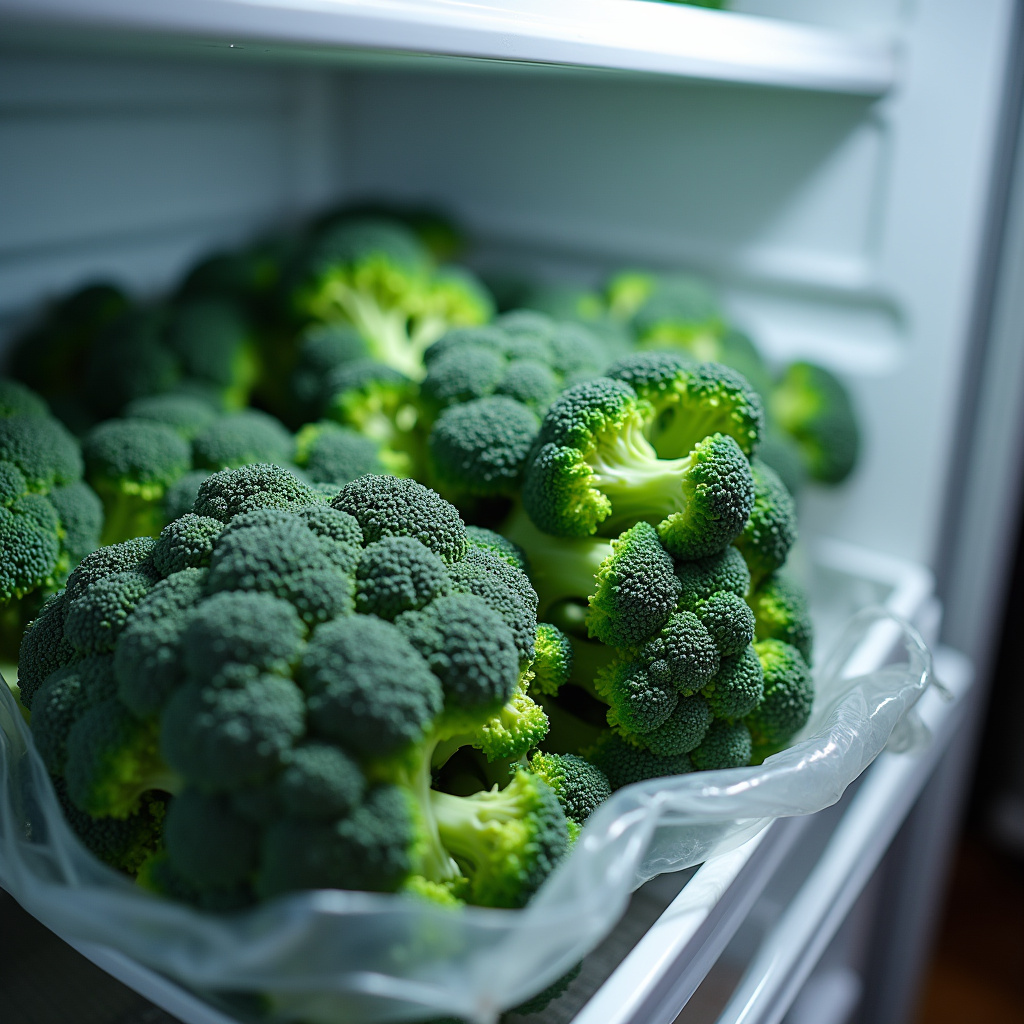 Broccoli stored correctly in the refrigerator, plastic bag. Professional photography, 8K quality, Brócolis armazenado corretamente na geladeira.