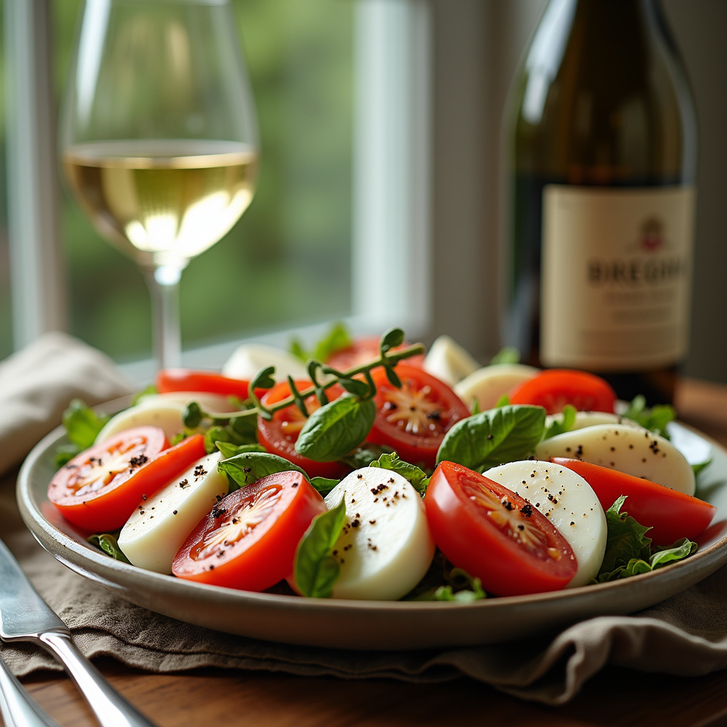 Buffalo mozzarella and Pinot Grigio, Caprese salad, natural light, commercial photography, 8K Mussarela de búfala com Pinot Grigio.