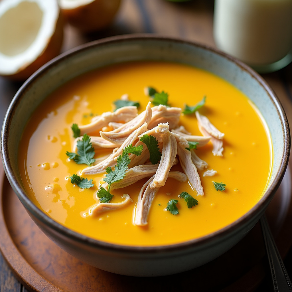 Butternut squash cream soup with shredded chicken and ginger, coconut milk, professional Sopa creme de abóbora com frango desfiado e gengibre.
