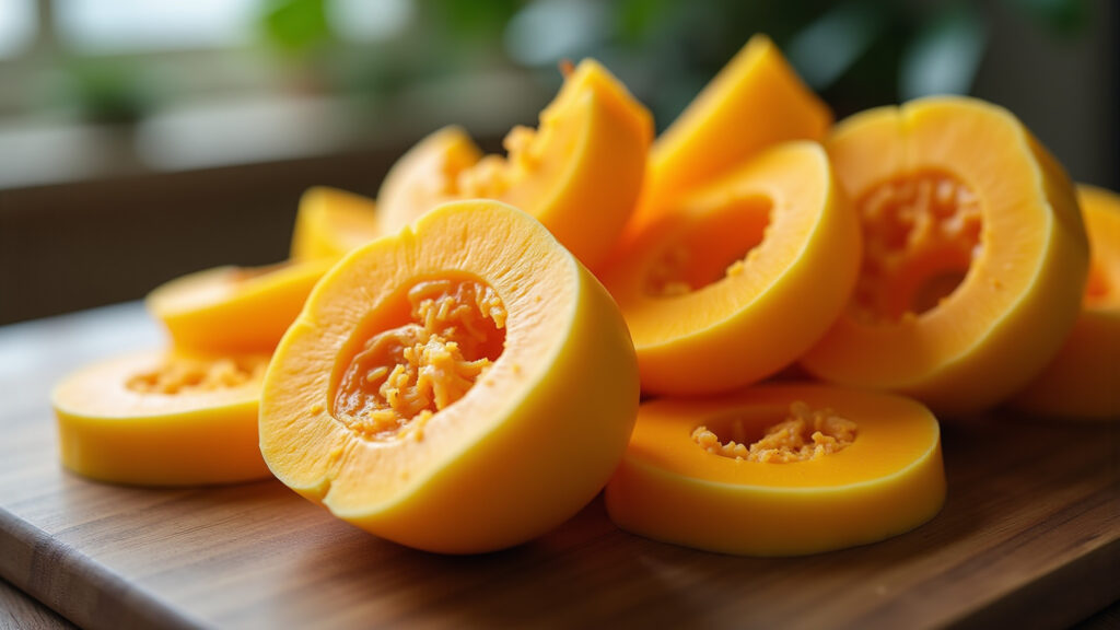 Butternut squash slices, natural lighting, professional photography, 8K quality, sharp focus, Abóbora, rica em potássio para regular a pressão arterial.