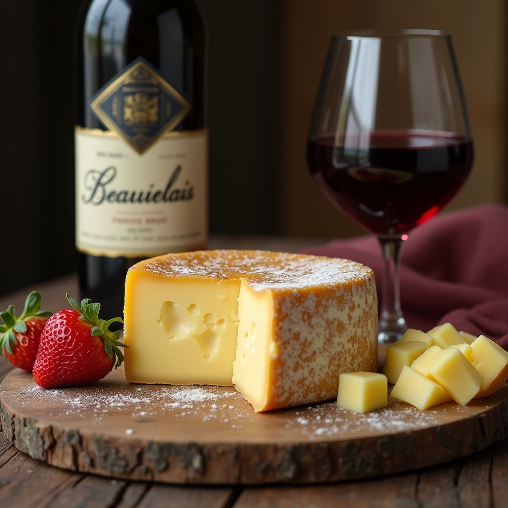 Camembert cheese and Beaujolais wine, rustic table setting, lifestyle photography, 8K quality, Queijo camembert com vinho Beaujolais.