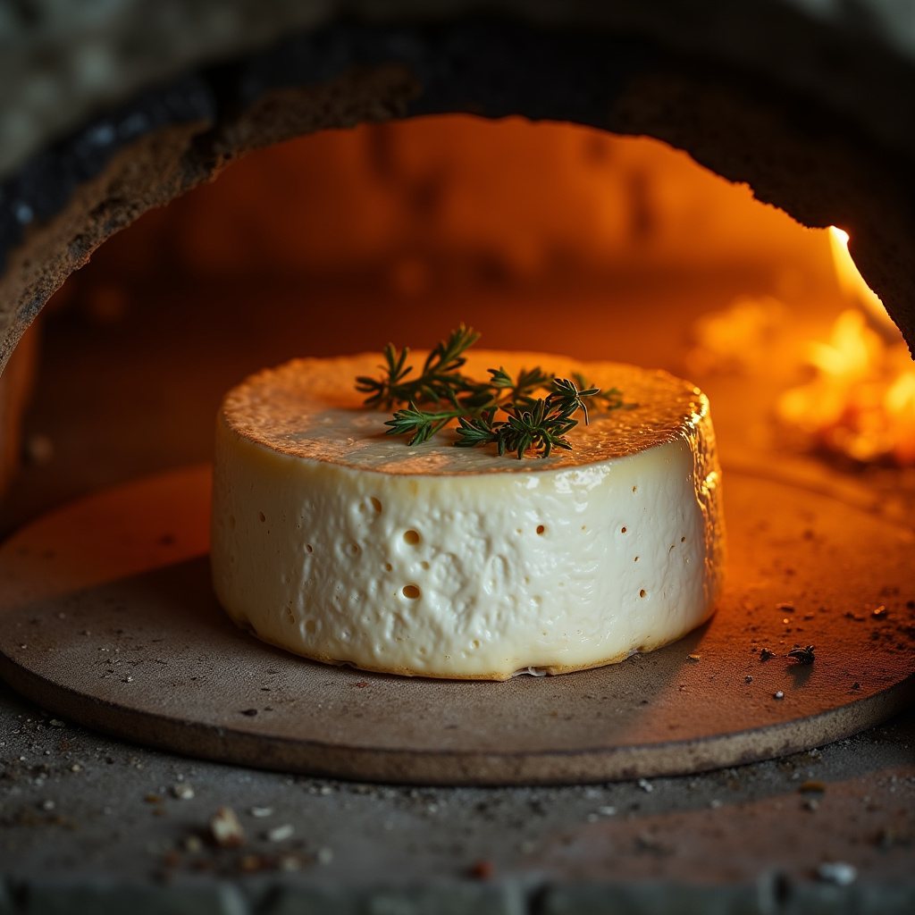 Camembert cheese being baked in a rustic oven, golden brown, herbs on top, natural light, 8K, sharp Queijo camembert assando no forno com ervas.
