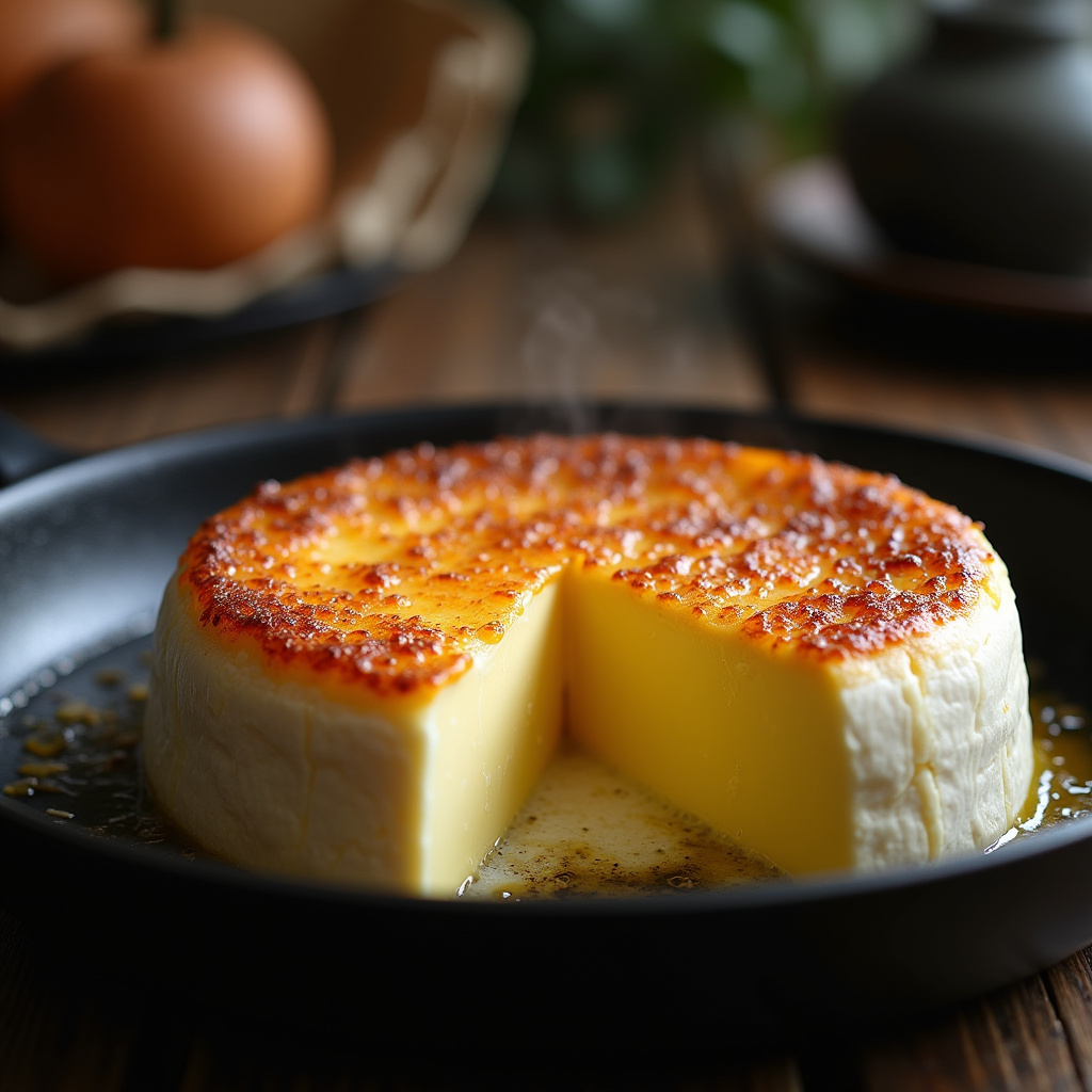 Camembert cheese frying in a pan, golden crust, melted inside, lifestyle photography, 8K, sharp Queijo camembert sendo frito na frigideira.