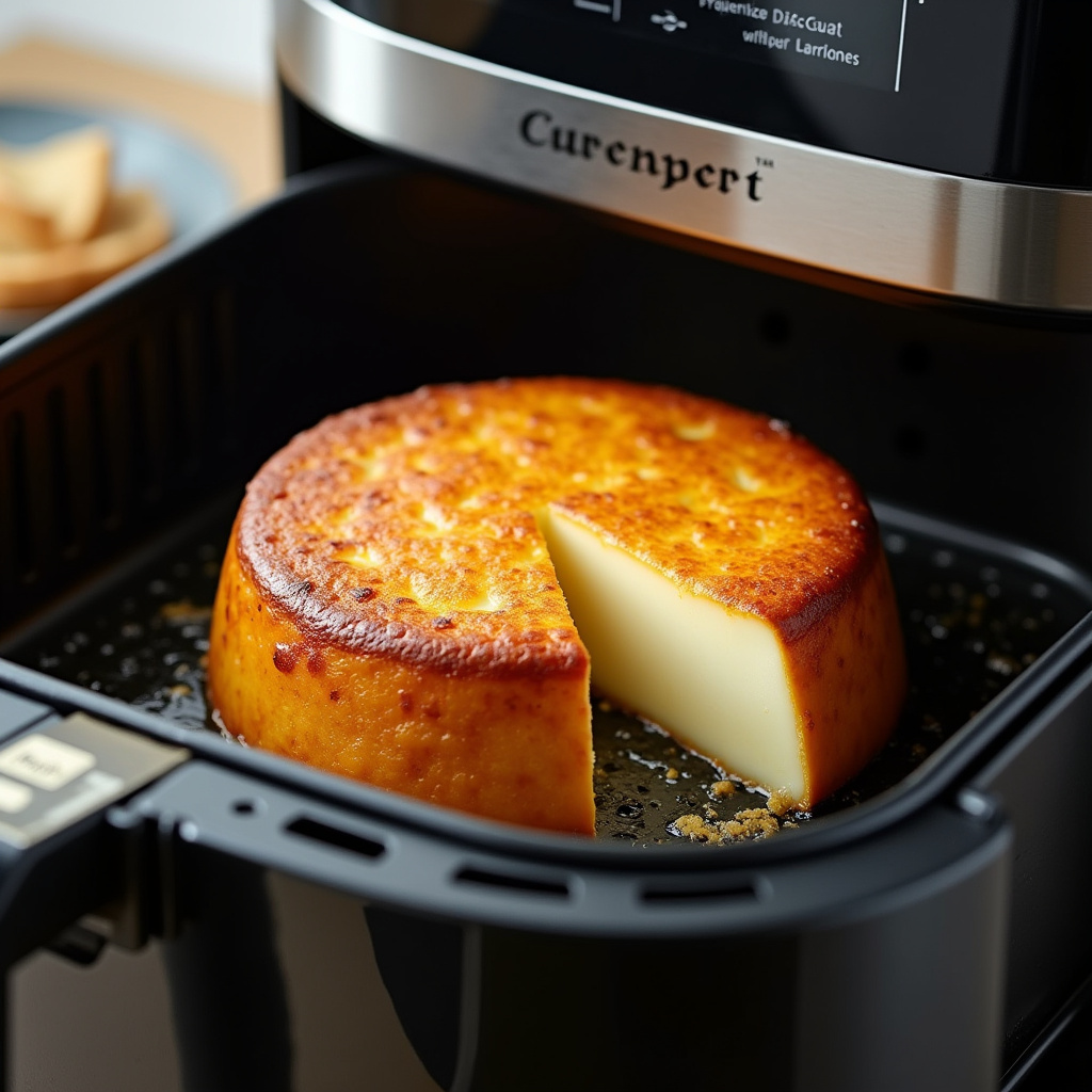 Camembert cheese in airfryer, golden brown, crispy, modern kitchen, natural light, 8K, sharp focus. Queijo camembert na airfryer.