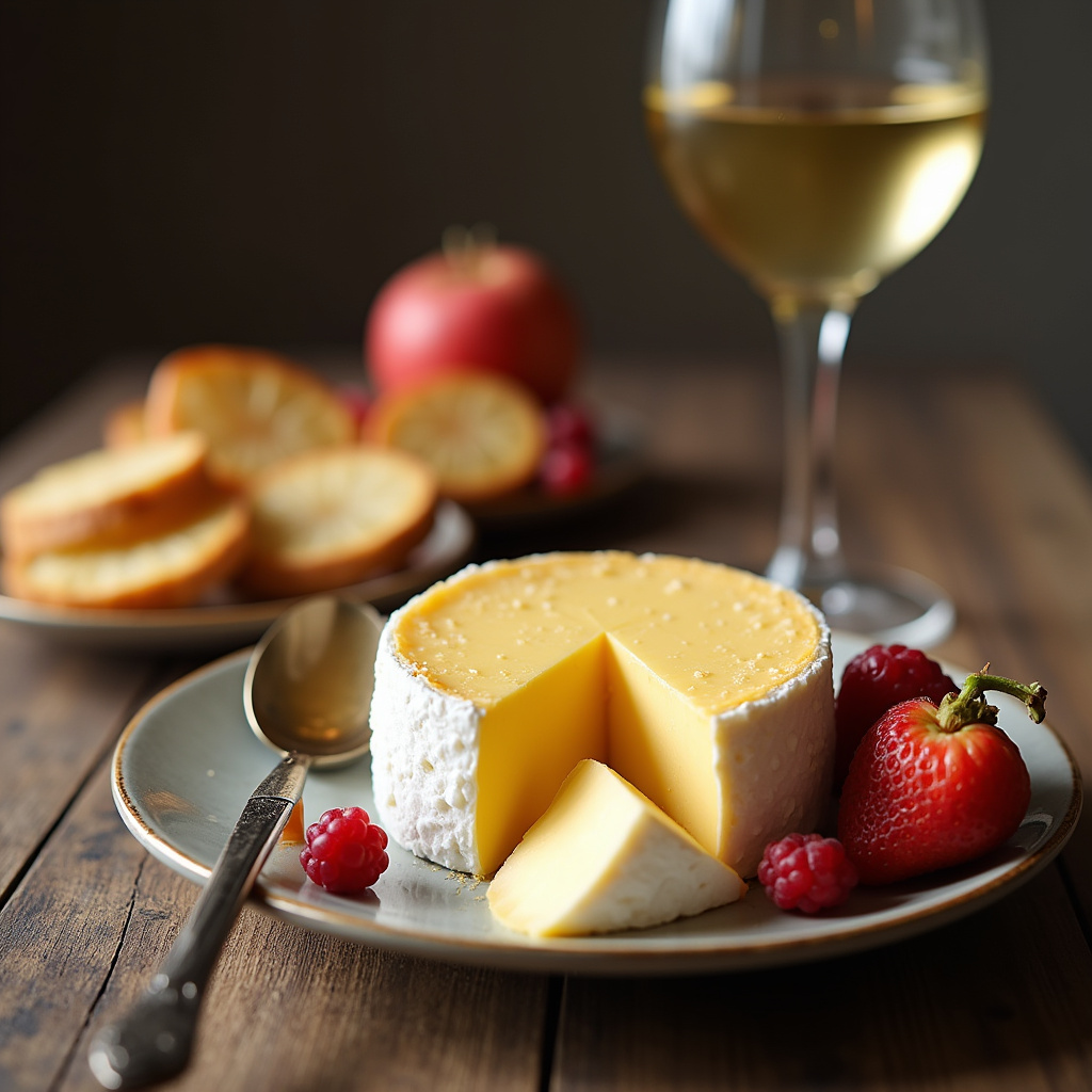 Camembert cheese served with toasts, fruits, and wine, lifestyle photography, 8K, sharp focus, Queijo camembert servido com torradas, frutas e vinho.