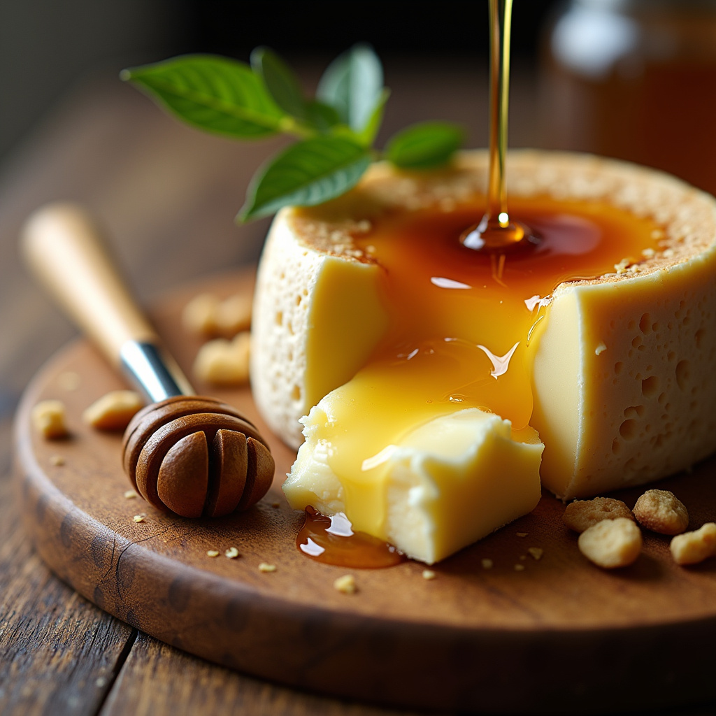 Camembert cheese with honey and nuts, gourmet presentation, natural light, 8K, sharp focus, Queijo camembert com mel e nozes.