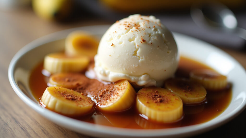 Caramelized banana with ice cream, simple dessert, cinnamon, close-up, 8K quality, sharp focus, Banana caramelizada com sorvete.