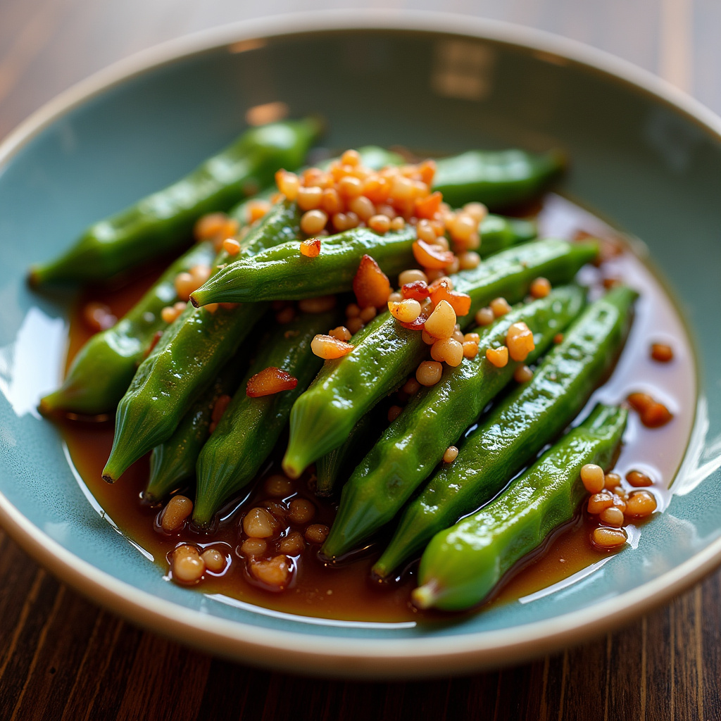 Caramelized okra with soy sauce and ginger, Asian flavors, vibrant colors, ceramic plate, natural Quiabo caramelizado com shoyu e gengibre, explosão de sabores.