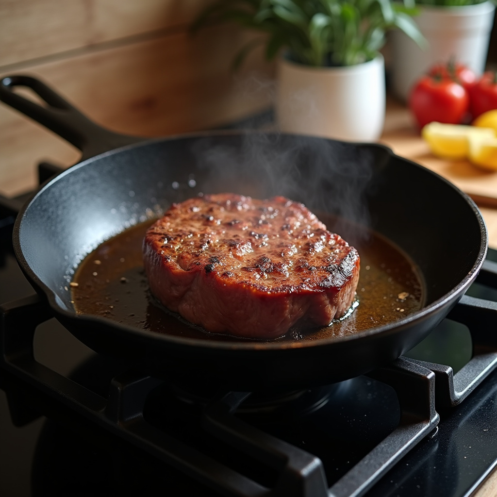 Cast iron skillet searing steak on a stove, close-up, minimal smoke, kitchen with Brazilian design Churrasco sem fumaça na frigideira de ferro.