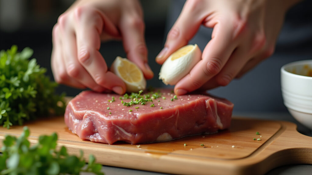 Chef hands applying garlic paste on picanha, close-up, marinating process, kitchen setting, natural Aplicação da pasta de alho na picanha.