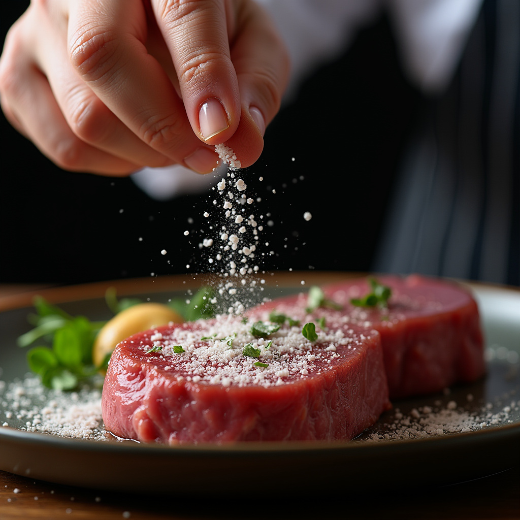 Chef sprinkling coarse salt on picanha steak, close-up, professional photography, 8K quality, sharp Chef temperando picanha com sal grosso.