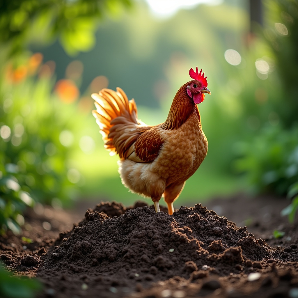 Chicken manure composting, lush garden backdrop, natural light, 8K quality, sharp focus, commercial Esterco de galinha curtindo para uso como adubo orgânico.