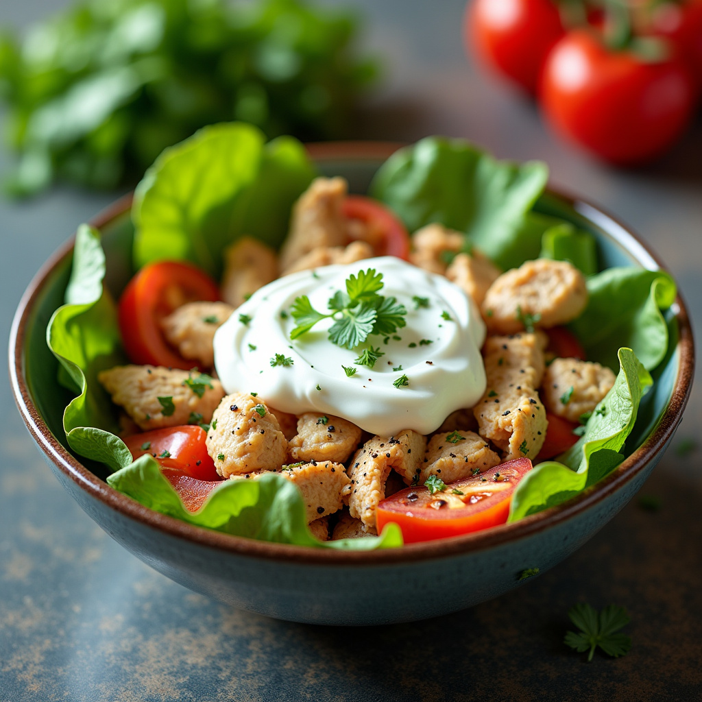 Chicken salad with yogurt and fresh herbs, served with green leaves and raw vegetables, Salada de frango desfiado com iogurte e ervas frescas.
