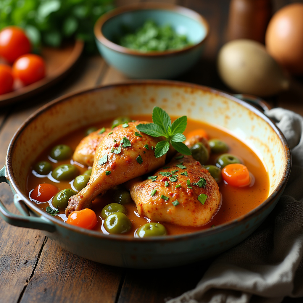 Chicken with okra stew, Brazilian farm style, family lunch, vibrant colors, rustic table, natural Frango com quiabo caipira, receita tradicional brasileira.