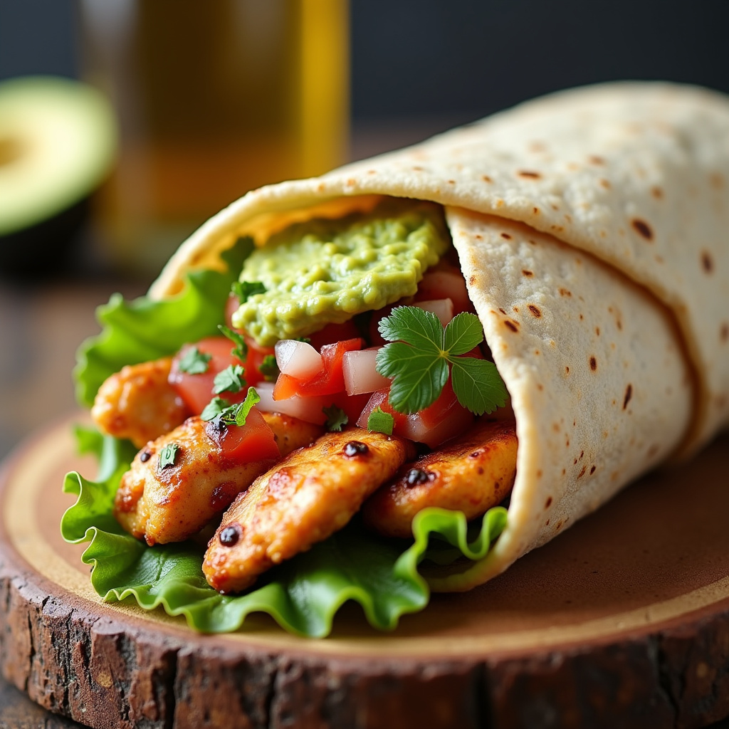 Chicken wrap with guacamole and pico de gallo, whole wheat tortilla, professional photography, 8K, Wrap de frango desfiado com guacamole e pico de gallo.
