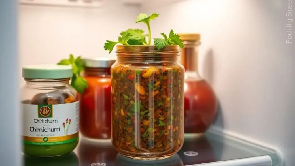 Chimichurri stored in a glass jar on a refrigerator shelf, next to other homemade condiments. Chimichurri caseiro armazenado em pote de vidro na geladeira.